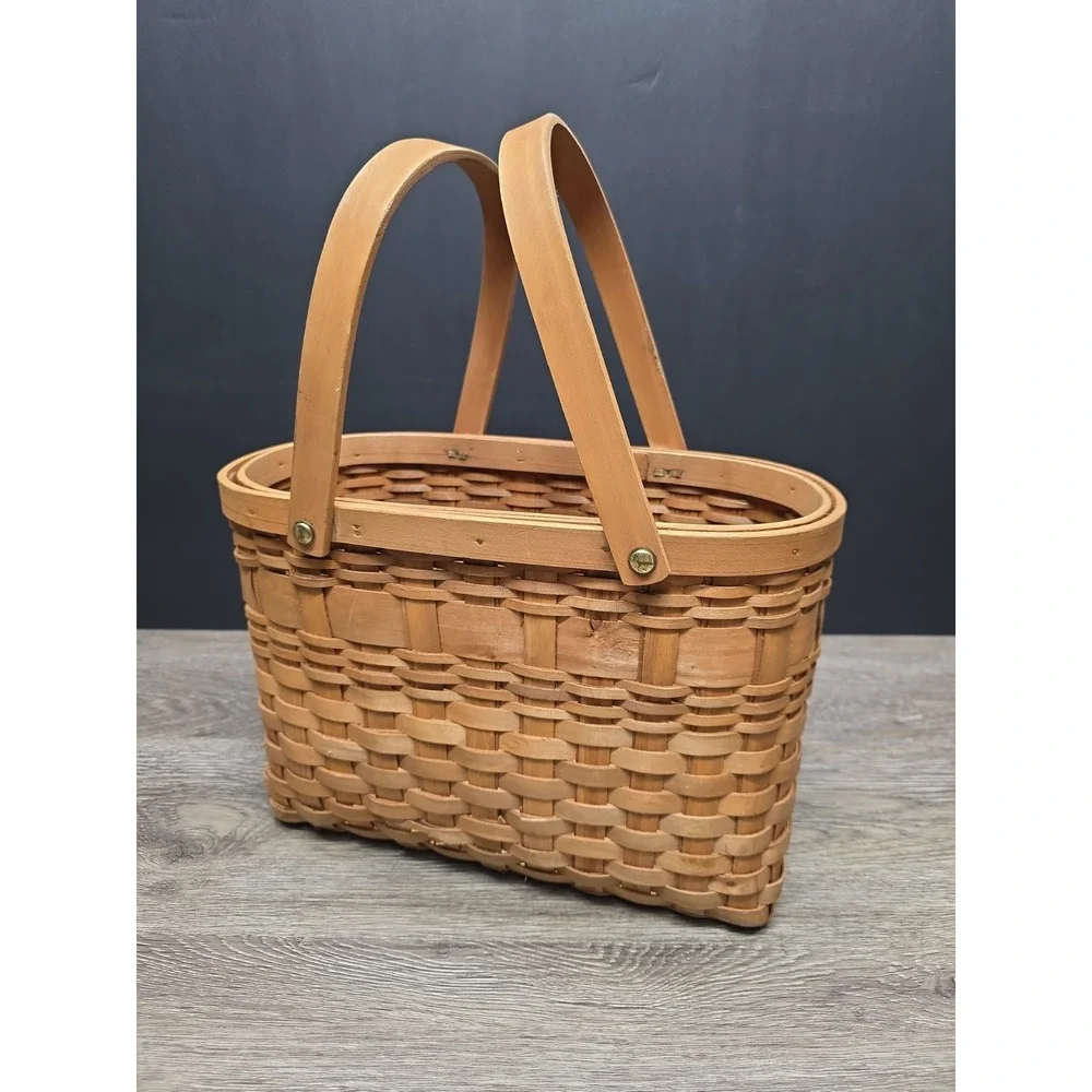 Vintage Double Handled Light Brown Wooden Basket 13.5x9x7 Rustic Home Decor